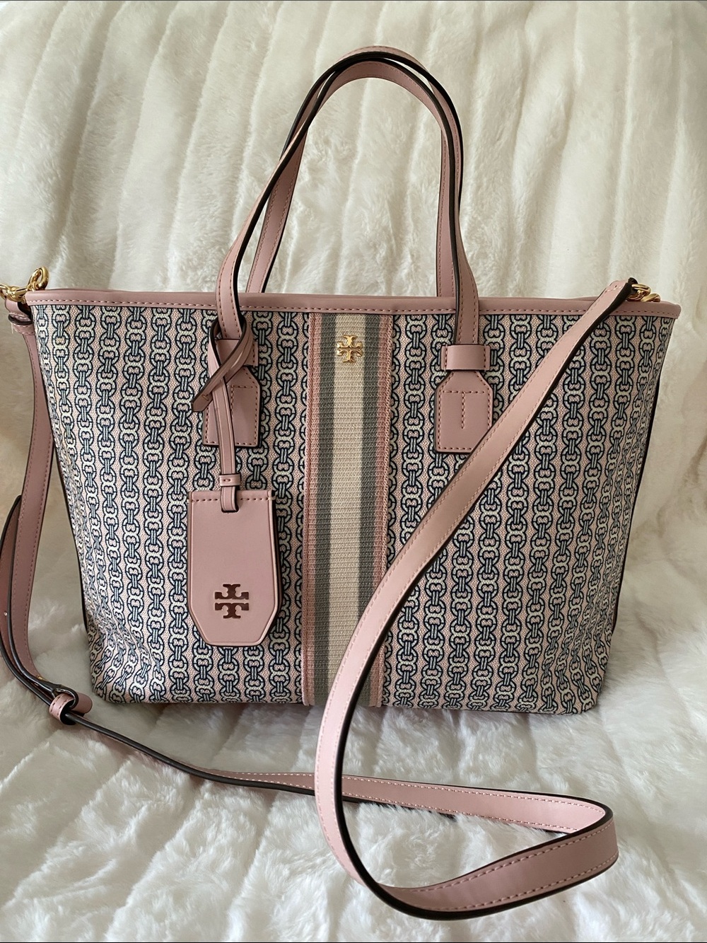 Tory Burch Gemini Link Canvas Small Tote in Coastal Pink